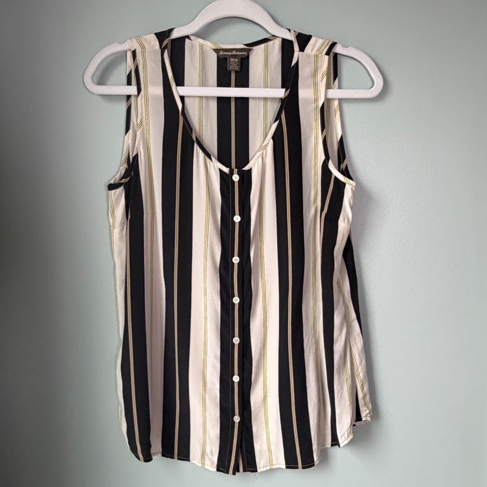 Tommy Bahama 100% Silk Sleeveless Button Down Top Cream Black Stripe SZ Medium